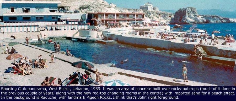 Sporting Club panorama, West Beirut, 1959, with Raouché and the Pigeon Rocks beyond — an archive photograph
