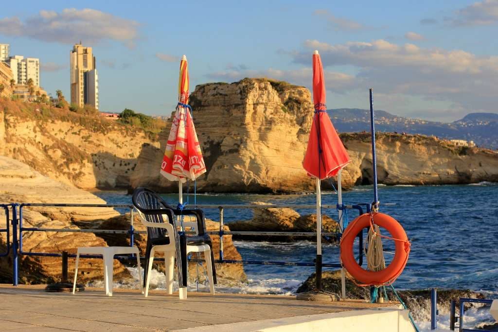 The pools and terraces along the Ras Beirut shoreline at Sporting Club Beach