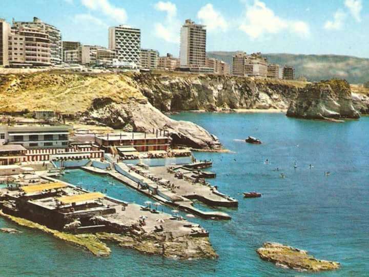 Sporting Club Beach and the pools, with Raouché and the city behind — an archive postcard