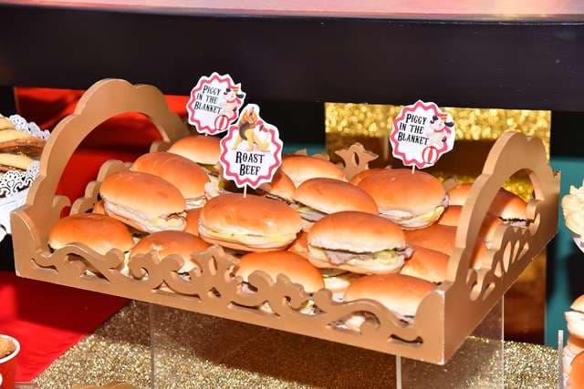 A tray of roast beef sliders on a party buffet at Sporting Club Beach