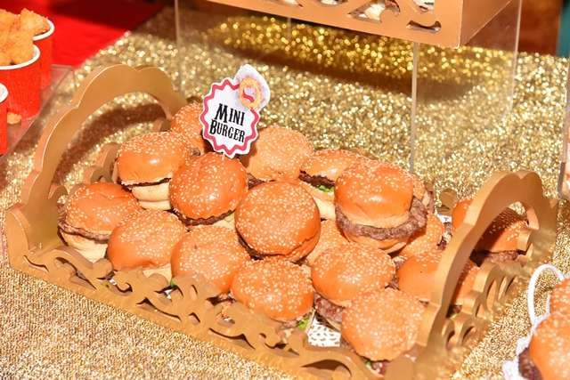A tray of mini burgers on a party buffet at Sporting Club Beach