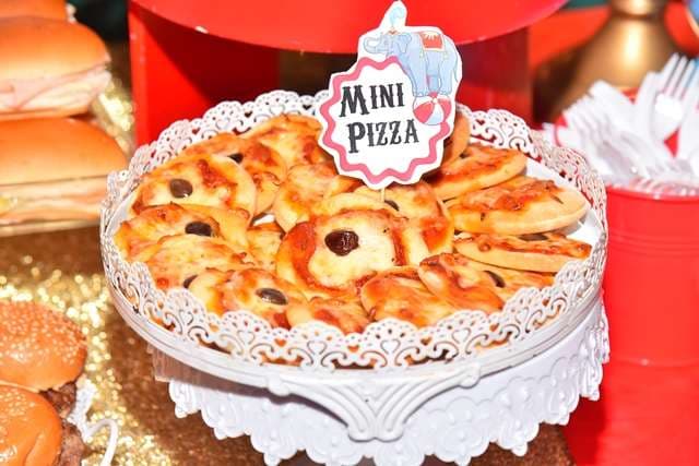 A plate of mini pizzas on a party buffet at Sporting Club Beach