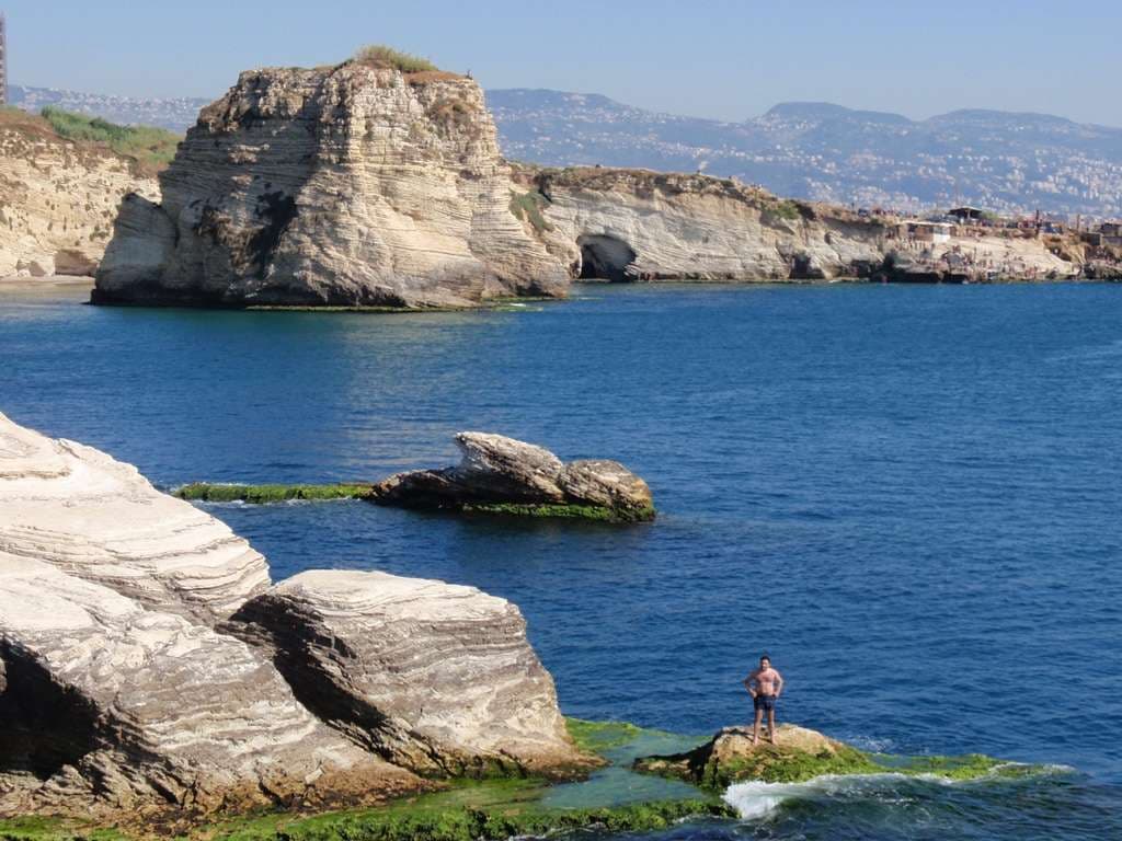 The Pigeon Rocks and the Ras Beirut coastline west of Sporting Club Beach