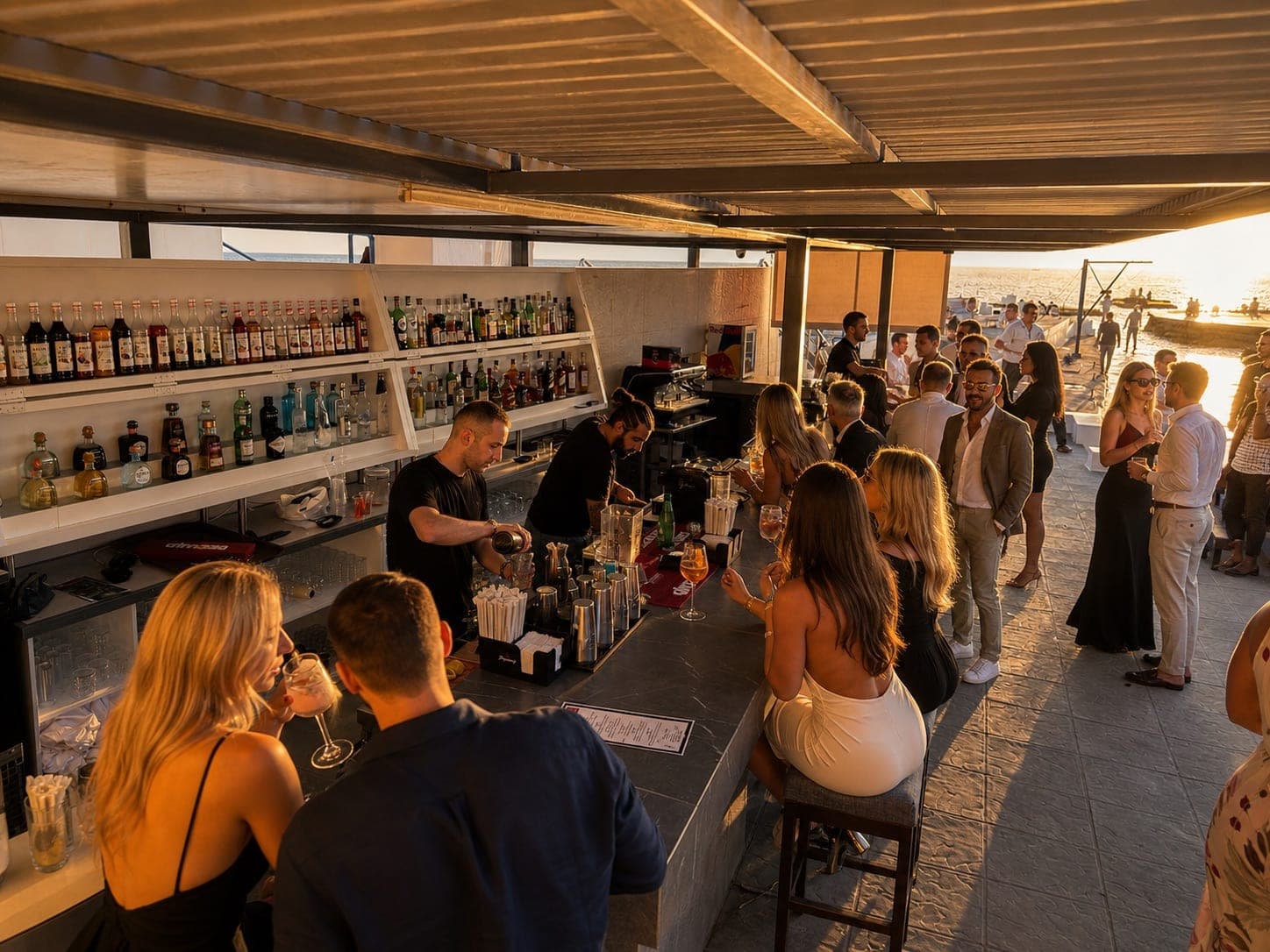 Bartenders mixing drinks at the Sunset Bar counter as the sun sets over the sea, Sporting Club Beach